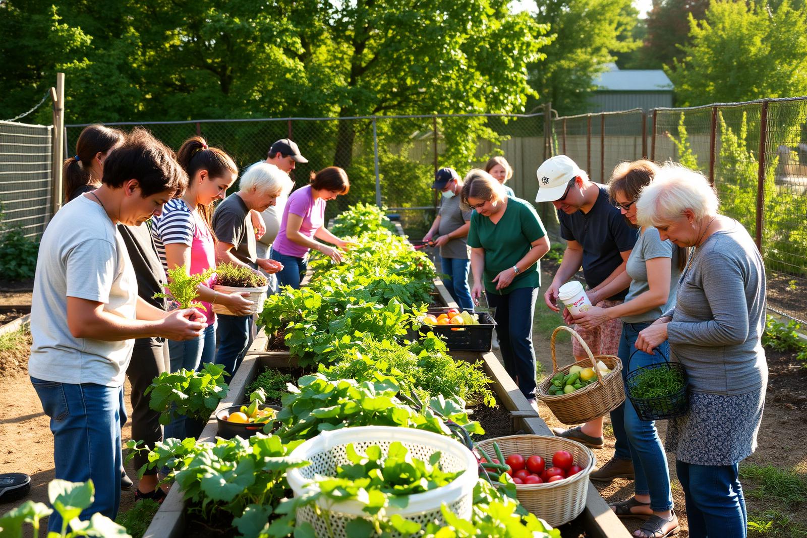 Volunteers of all ages tending raised beds in the church community garden