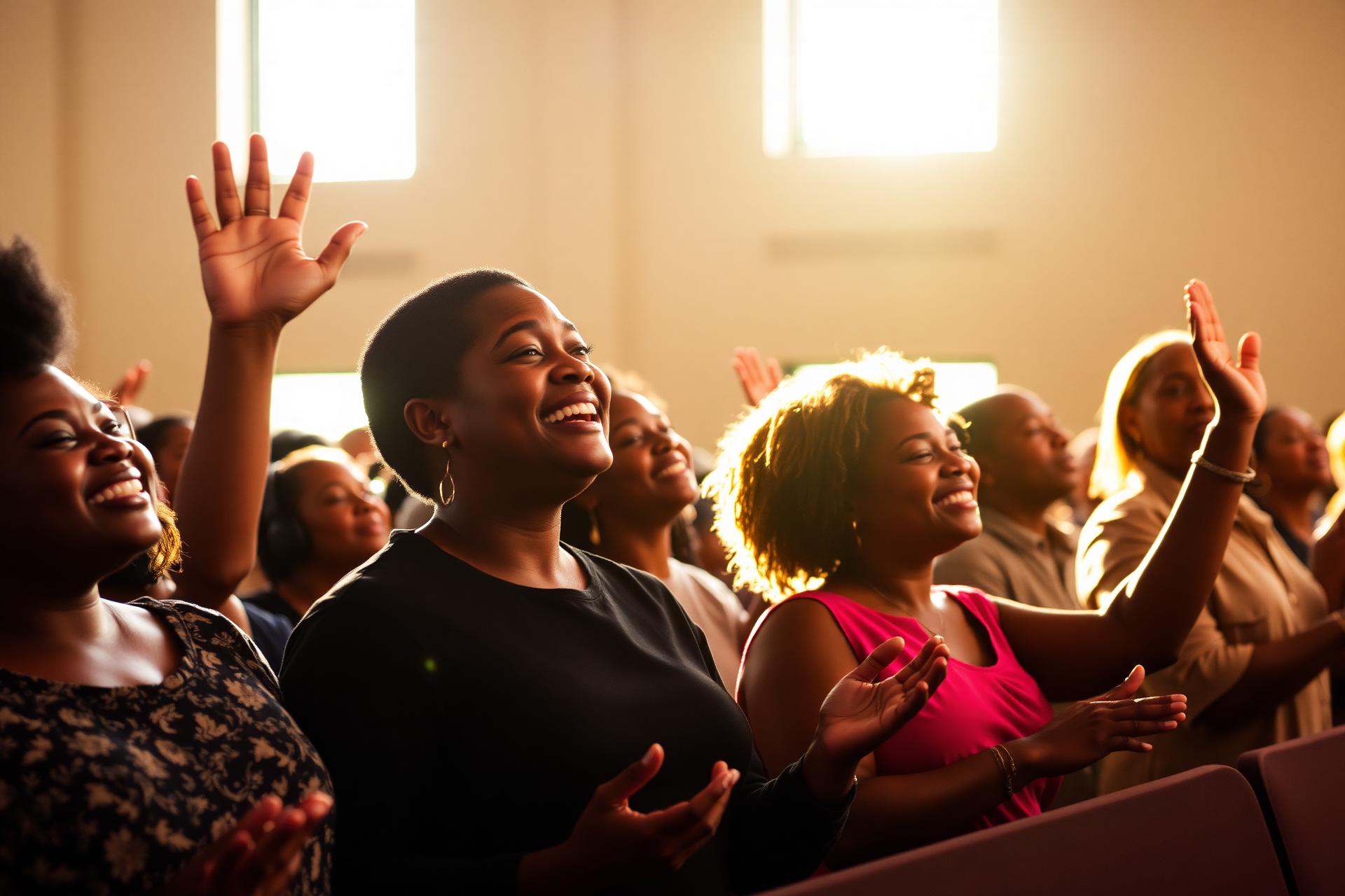 African American church congregation worshipping together in a sunlit sanctuary